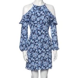 Michael Kors Cold Shoulder Blue Floral Ruffle Dress Long Sleeve Large